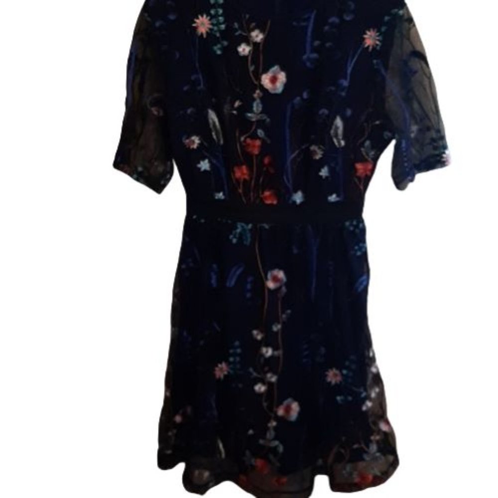 Embroidered Organza Mesh Lined Navy Blue Dress Size M
